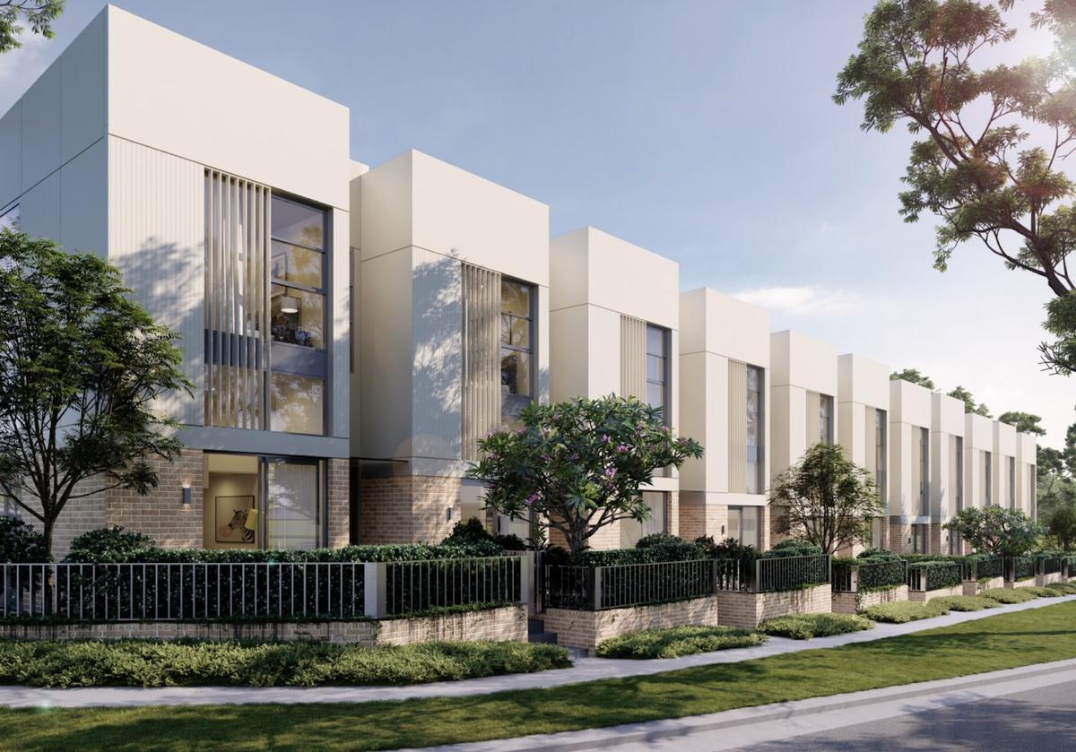 Modern townhouse community with contemporary architecture and landscaped common areas